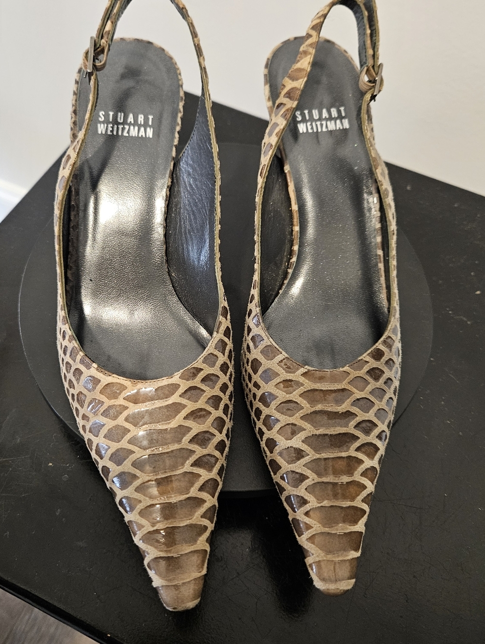 Stuart Weitzman Leather Taupe Snakeskin Slingback Pumps 3 Inch Heel Size 6.5M - Picture 2 of 10